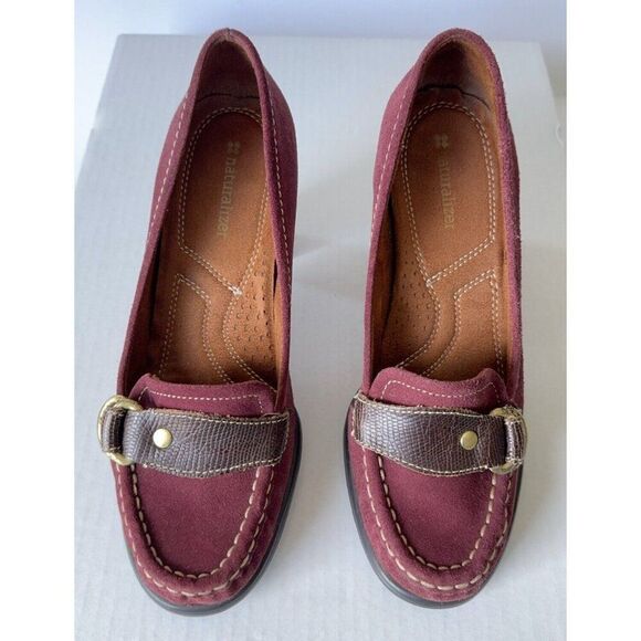 Naturalizer Shoes - Womens Loafer Shoes Burgundy Suede Pumps Brown Strap Buckle Sz 7 7M